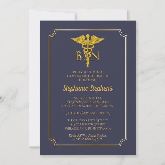 Invitation Bleu élégant | Gold Nurse BSN Graduation Party (Devant)