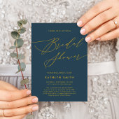 Invitation Bleu Élégant Gold Script Fête des mariées minimali