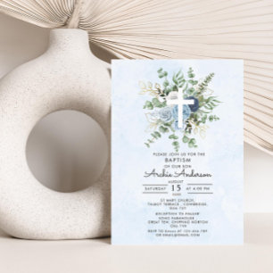Invitation Bleu Élégant Rose Verdure Baptême Baptême Baptême