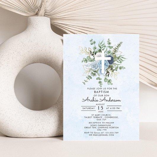 Invitation Bleu Élégant Rose Verdure Baptême Baptême Baptême