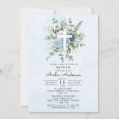 Invitation Bleu Élégant Rose Verdure Baptême Baptême Baptême (Devant)