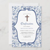 Invitation Bleu élégant Toile de jouy baptême (Devant)