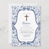 Invitation Bleu élégant Toile de jouy baptême (Devant)