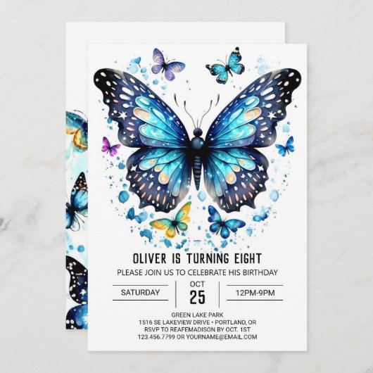 Invitation Bleu en ligne papillon garçon Anniversaire (Devant / Derrière)
