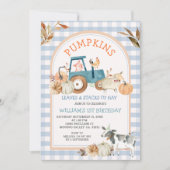 Invitation Bleu En vichy Automne Citrouille Ferme Animaux Ann (Devant)