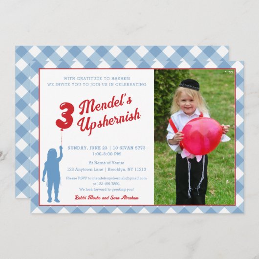 Invitation Bleu En vichy Ballons rouges Upsherin Photo Invita (Devant / Derrière)