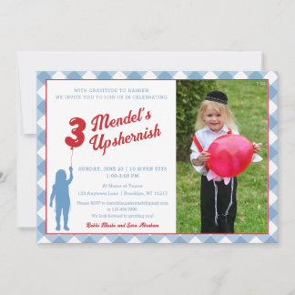Invitation Bleu En vichy Ballons rouges Upsherin Photo Invita