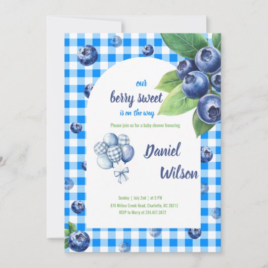 Invitation Bleu En vichy Charmante Berry Feuilles verts (Devant)