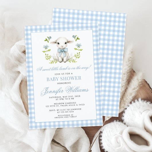 Invitation Bleu En vichy Petit Agneau Bébé Garçon Douche