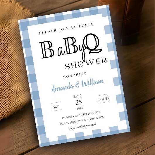 Invitation Bleu En vichy Plaid BBQ Bébé Couples Douche