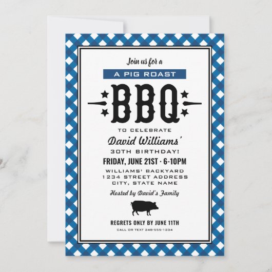 Invitation Bleu En vichy Plaid Pig Roast BBQ fête d'anniversa (Devant)