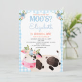 Invitation Bleu En vichy Vache Anniversaire Fille Barnyard (Debout devant)