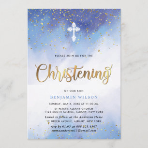 Invitation Bleu Et Aquarelle Or Bébé