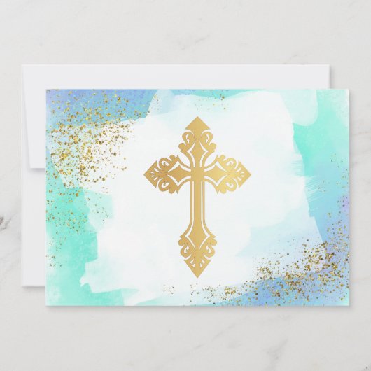 Invitation Bleu Et Aquarelle Or Bébé (Dos)