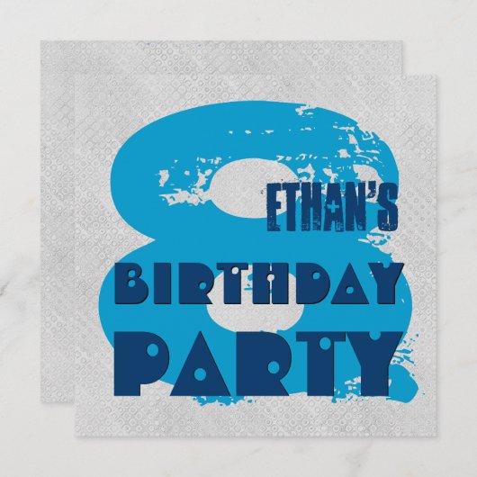 Invitation BLEU et ARGENT 8e fête d'anniversaire 8 ans V11G (Devant / Derrière)