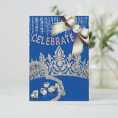 Invitation Bleu et argent avec des diamants de couronne bleus (Debout devant)