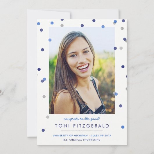 Invitation Bleu et argent Confetti Photo Graduation Invitatio (Devant)