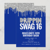 Invitation Bleu et argent Déchets Swag 16 Anniversaire (Devant / Derrière)