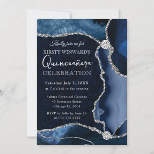 Invitation Bleu et argent faux paillettes agate Quinceanera