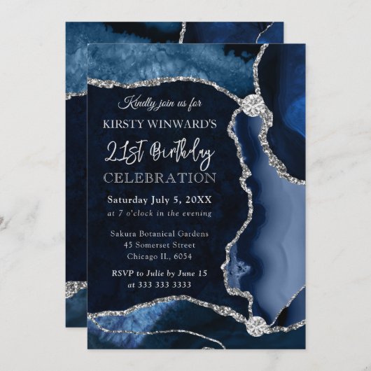 Invitation Bleu et Argent Faux Parties scintillant Agate Anni (Devant / Derrière)