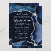 Invitation Bleu et Argent Faux Parties scintillant Agate Quin (Devant / Derrière)