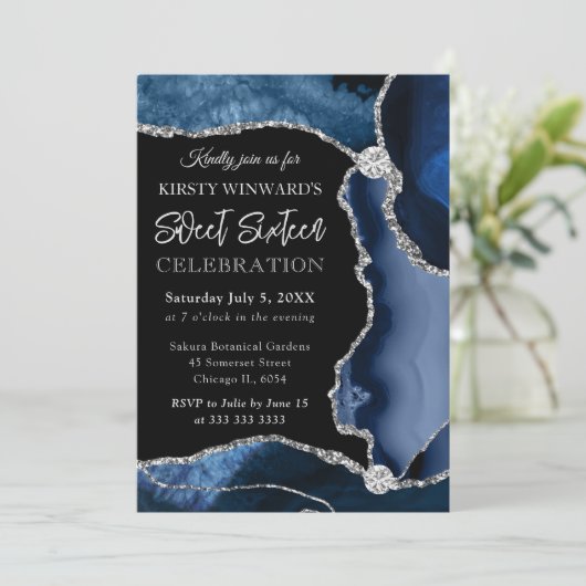 Invitation Bleu et Argent Faux Parties scintillant Agate Swee (Debout devant)