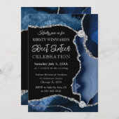 Invitation Bleu et Argent Faux Parties scintillant Agate Swee (Devant / Derrière)