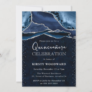 Invitation Bleu et Argent Paillettes Agate Quinceanera