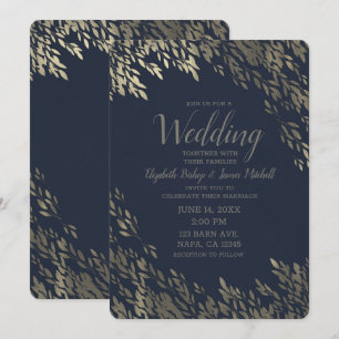 Invitation Bleu et argenté Feuilles argentées Élégant Mariage
