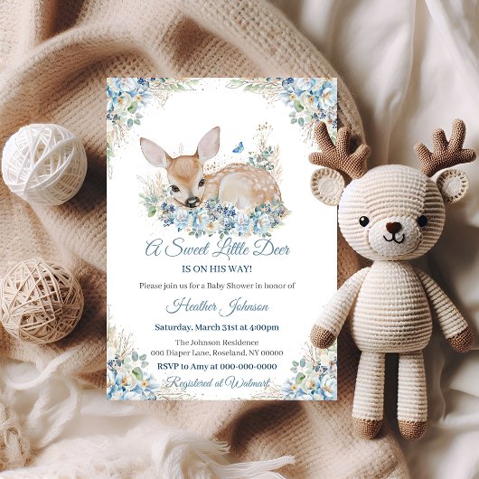 Invitation Bleu et beige Baby shower aux cerfs