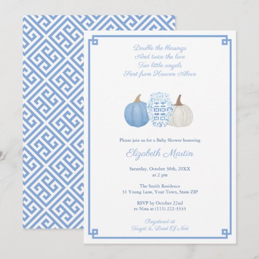 Invitation Bleu Et Blanc Automne Jumeaux Baby shower Petits G (Devant / Derrière)