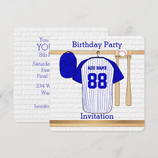 Invitation Bleu et blanc Baseball Jersey Anniversaire (Devant / Derrière)