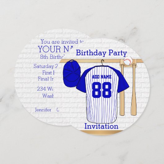 Invitation Bleu et blanc Baseball Jersey Anniversaire (Devant / Derrière)