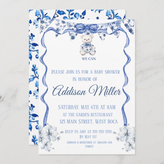 Invitation Bleu et blanc Chinoiserie, nous pouvons à peine at (Devant / Derrière)