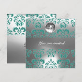 INVITATION BLEU ET BLANC DAMASSÉ PIERRE PRÉCIEUSE MONOGRAMME (Devant / Derrière)