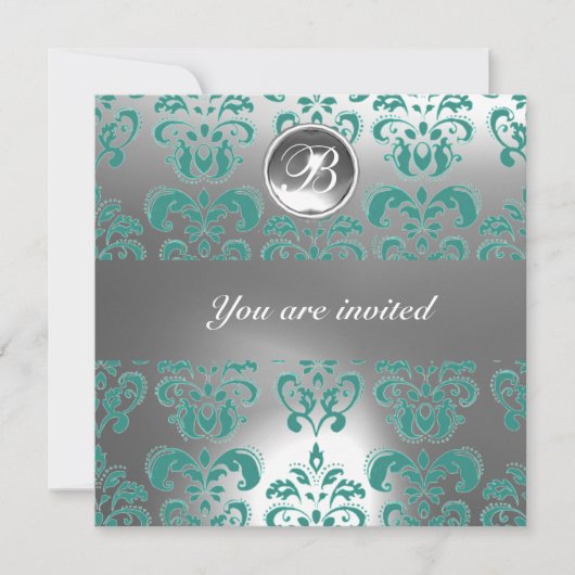 INVITATION BLEU ET BLANC DAMASSÉ PIERRE PRÉCIEUSE MONOGRAMME (Devant)