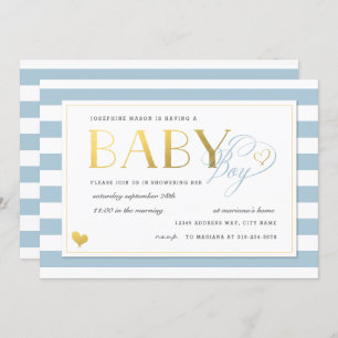 Invitation Bleu et blanc Faux Gold Baby Boy Douche
