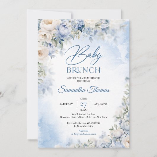 Invitation Bleu et blanc Fleurs élégants brunch bébé (Devant)