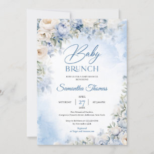Invitation Bleu et blanc Fleurs élégants brunch bébé