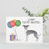 Invitation Bleu Et Blanc Italien Greyhound Cute Chien Anniver (Debout devant)