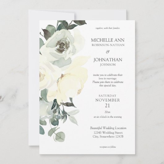 Invitation Bleu et blanc Mariage floral - Blanc 2 (Devant)