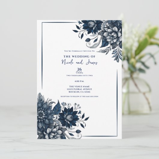 Invitation Bleu et blanc Mariage floral en verre de Bohême (Debout devant)