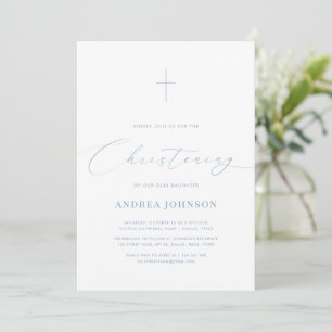 Invitation Bleu et blanc minimaliste Élégant Christening Scri