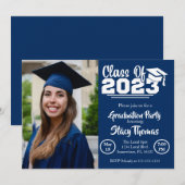 Invitation Bleu et Blanc Photo Graduation Party (Devant / Derrière)