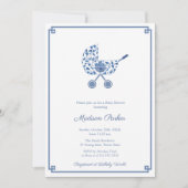 Invitation Bleu Et Blanc Pram Chinoiserie Baby shower Chic (Devant)