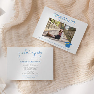 Invitation Bleu et blanc Simple Photo Graduation Party