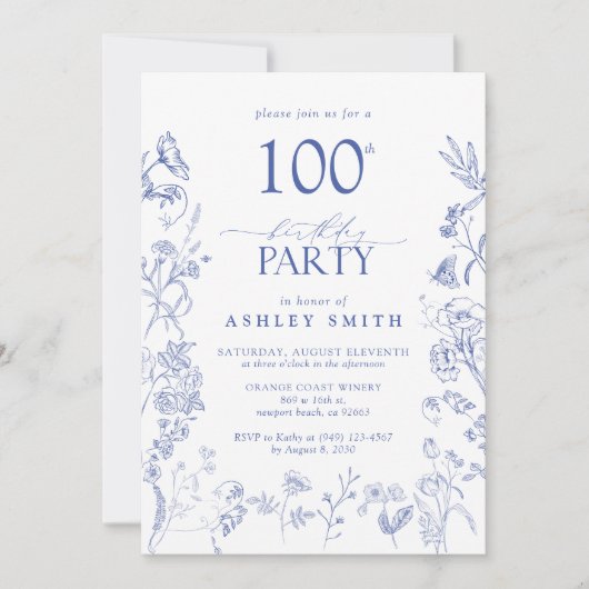 Invitation Bleu et blanc Victorien 100e fête d'anniversaire F (Devant)