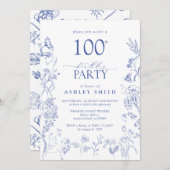 Invitation Bleu et blanc Victorien 100e fête d'anniversaire F (Devant / Derrière)