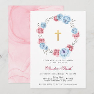 Invitation Bleu Et Blush Rose Floral Girl Garçon Baptême