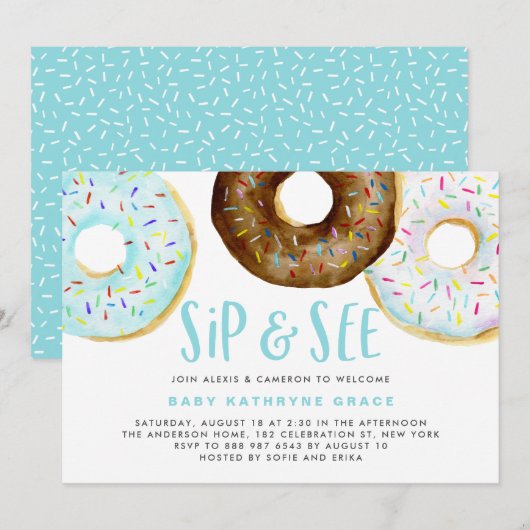 Invitation Bleu et bouillie de chocolat Saupoudrer Sip et voi (Devant / Derrière)